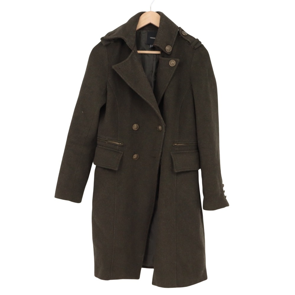 Forever 21 Wool Pea Coat Womens M Double Breasted Olive Green Military Good